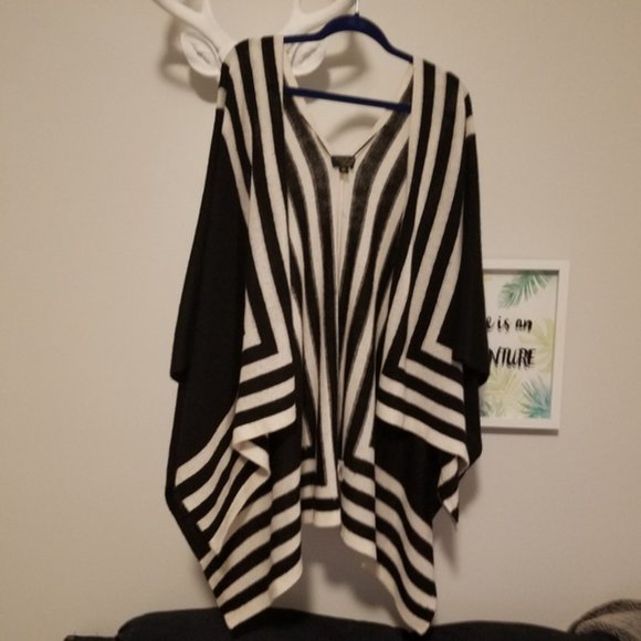 Charter Club Cashmere Poncho Open Front Wrap Black White Striped Loose Warm Cozy - Picture 3 of 8